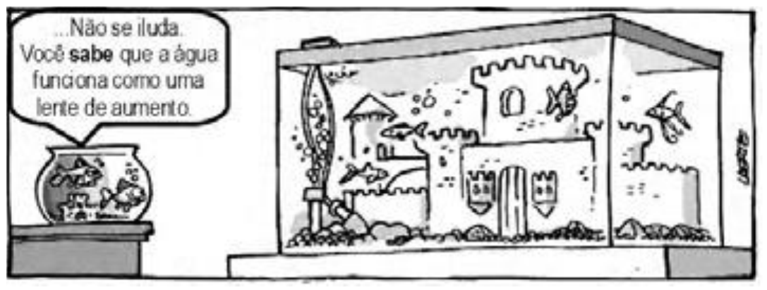 Tirinha: um peixe em um pequeno aquário redondo diz a outro peixe, que está em um grande aquário com castelo: “...Não se iluda. Você sabe que a água funciona como uma lente de aumento.”