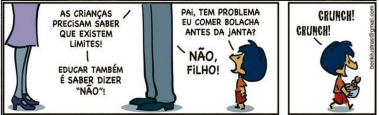 Tira de Armandinho em dois quadrinhos. No primeiro, um adulto fala: "As crianças precisam saber que existem limites!" e outro completa: "Educar também é saber dizer 'não'!". Armandinho pergunta: "Pai, tem problema eu comer bolacha antes da janta?" e o pai responde: "Não, filho!". No segundo quadrinho, Armandinho caminha comendo bolachas de um pote, com a inscrição "Crunch! Crunch!".
