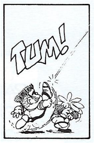 Quadrinho da Mafalda: um menino chuta algo próximo a uma planta, com a palavra "Tum!" em letras grandes.