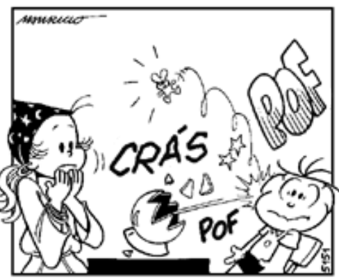 Quadrinho da Turma da Mônica: uma bola de cristal se quebra ao bater na cabeça de um menino, com as palavras "Crás", "Pof" e "Pof" desenhadas na cena.