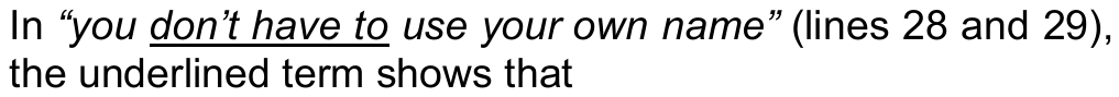 Comando da questão 10: In “you don’t have to use your own name” (lines 28 and 29), the underlined term shows that — o termo sublinhado é “don’t have to”.