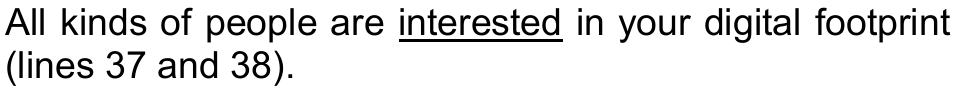 Alternativa a) da questão 11, com a palavra sublinhada “interested”: All kinds of people are interested in your digital footprint (lines 37 and 38).