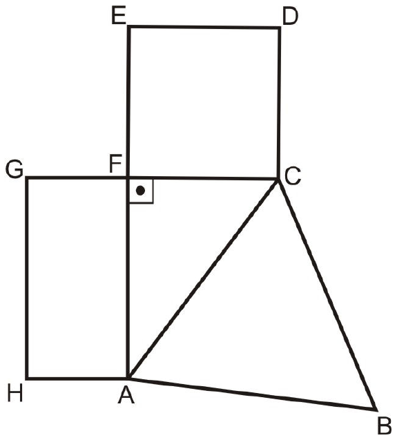 Figura composta: quadrado CDEF acima do segmento FC; retângulo FGHA à esquerda e abaixo, com G e F no alto e H e A embaixo; ângulo reto em F; triângulo ABC com B abaixo e à direita de A, ligado a C e a A.