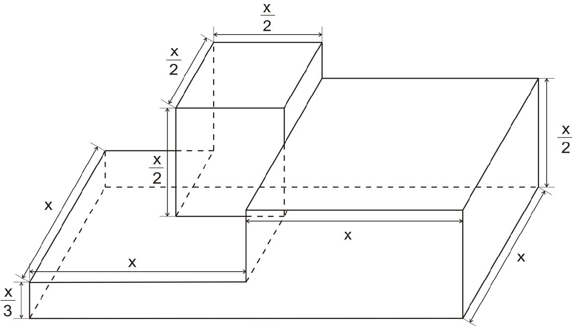 Pódio em perspectiva composto de três blocos: à esquerda, bloco baixo com medidas indicadas x, x e x/3; no centro, bloco mais alto em forma de cubo, com arestas indicadas x/2; à direita, bloco com medidas indicadas x, x e x/2. Arestas ocultas tracejadas.