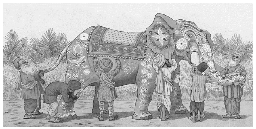 Ilustração do texto 1: homens tocando diferentes partes de um elefante ricamente ornamentado.