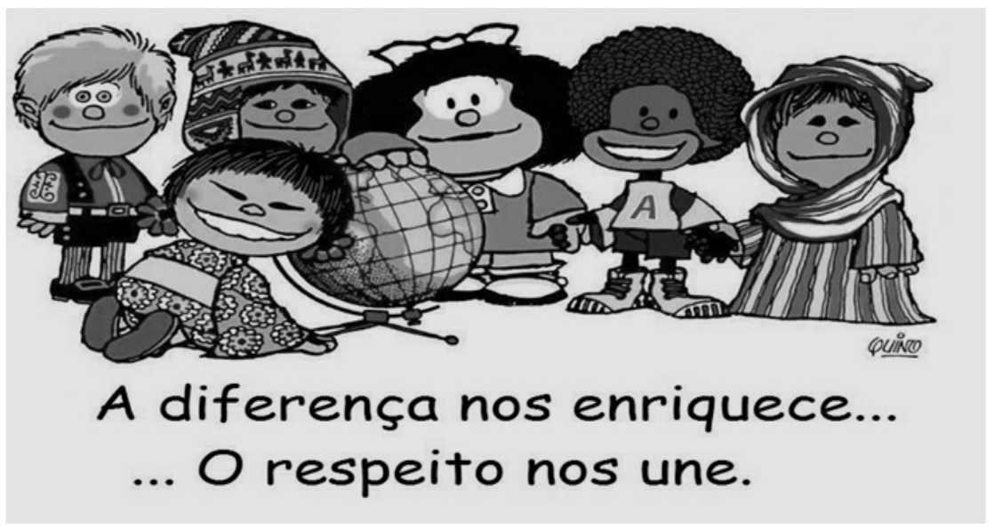 Texto 2: ilustração com crianças de diferentes etnias e trajes reunidas em torno de um globo terrestre, com a frase: “A diferença nos enriquece... ... O respeito nos une.”