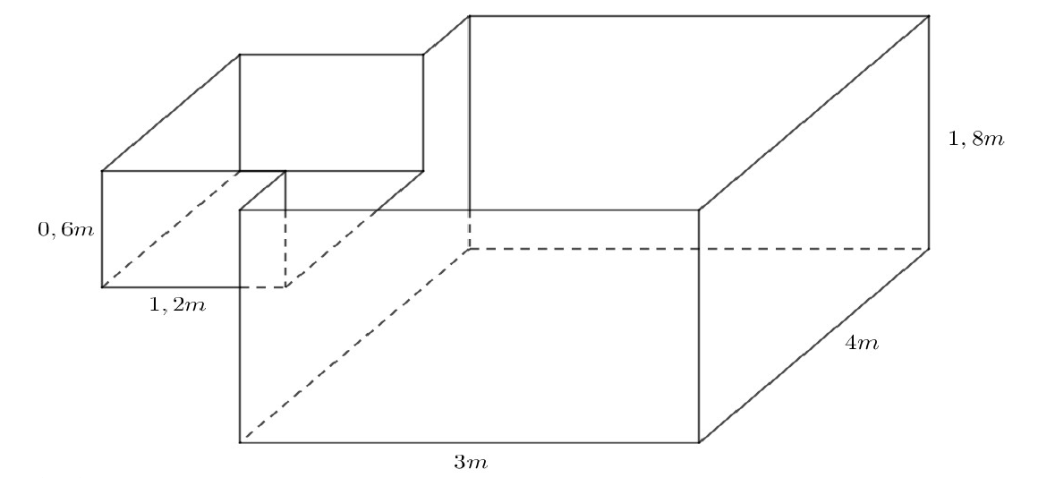 Desenho em perspectiva da piscina: parte infantil com largura 1,2 m e altura 0,6 m, acoplada à parte de adultos com 3 m de largura, 4 m de comprimento e 1,8 m de altura.