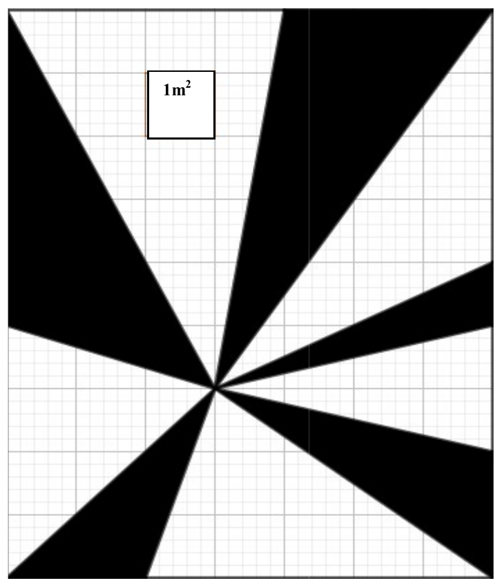 Painel quadriculado com lajotas de 1 m², formado por faixas triangulares pretas e brancas que partem de um ponto comum, com um quadrado destacado indicando 1 m².