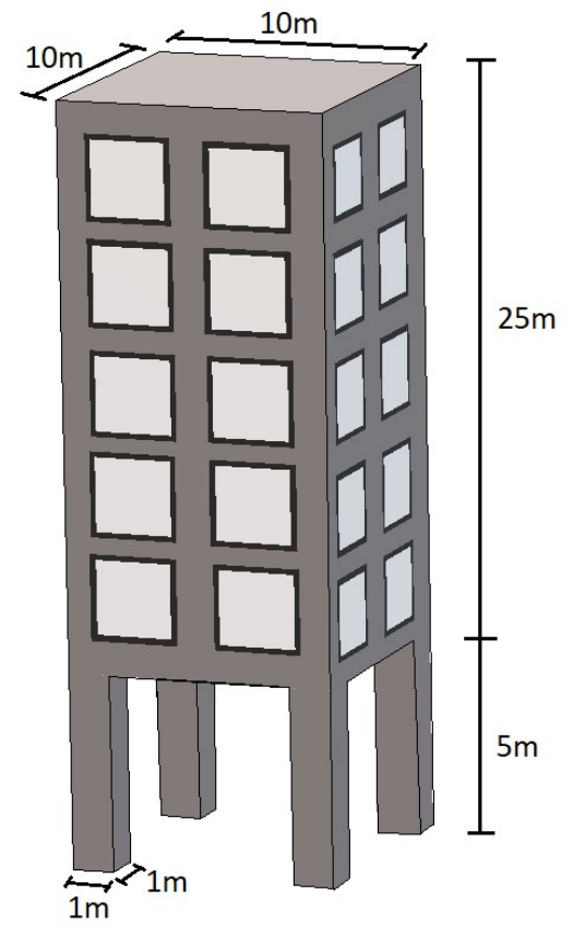 Esboço do prédio: bloco de 10 m por 10 m de base e 25 m de altura, com janelas quadradas nas faces, apoiado em quatro pilares de 5 m de altura e seção de 1 m por 1 m.