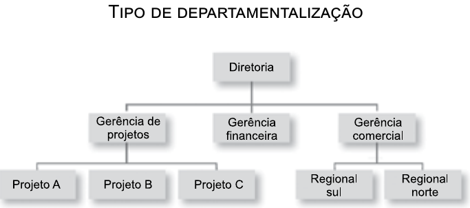 Organograma com o título “Tipo de departamentalização”: Diretoria no topo; abaixo, Gerência de projetos, Gerência financeira e Gerência comercial; a Gerência de projetos se divide em Projeto A, Projeto B e Projeto C; a Gerência comercial se divide em Regional sul e Regional norte.