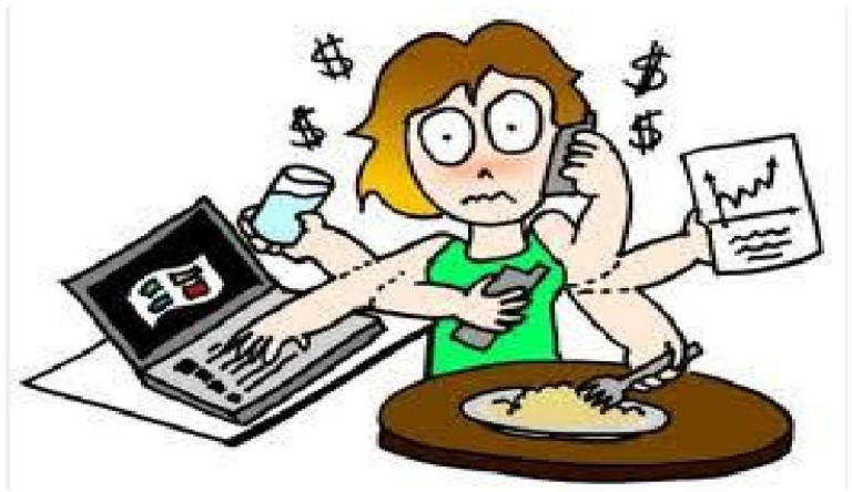 Ilustração: uma mulher com expressão aflita e vários braços faz ao mesmo tempo diversas tarefas — digita no notebook, segura um copo, fala ao telefone, segura um celular, um gráfico e um garfo sobre um prato de comida —, cercada por cifrões.