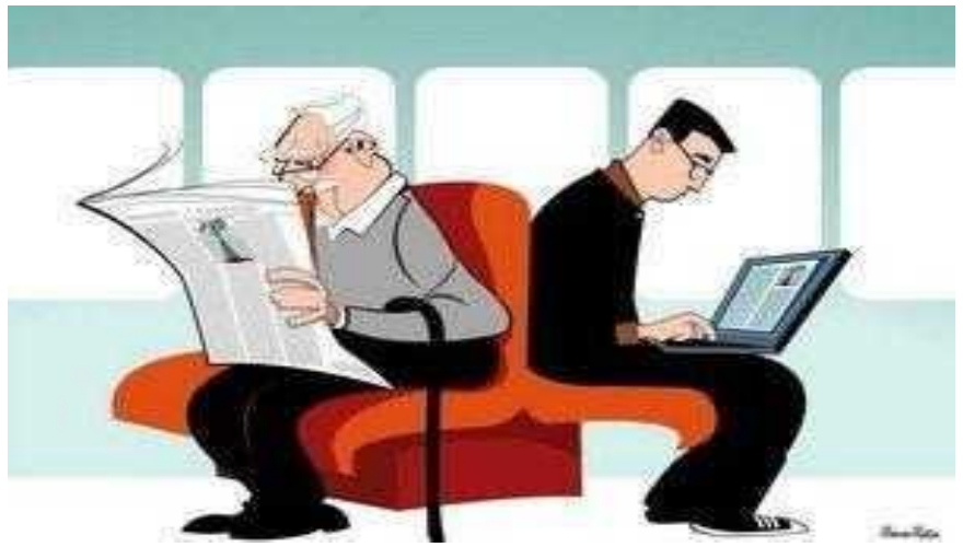 Ilustração: um idoso lê jornal e um jovem usa um notebook, sentados de costas um para o outro no mesmo sofá vermelho.