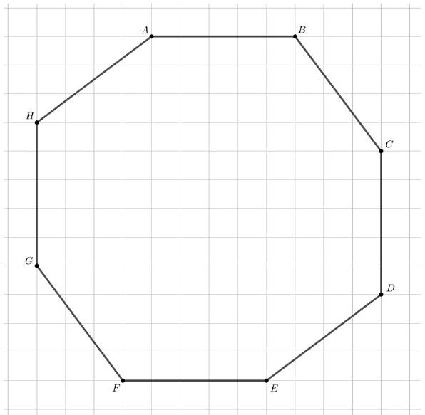 Octógono ABCDEFGH desenhado sobre malha quadriculada, com os vértices sobre pontos da malha; os lados AB, CD, EF e GH são horizontais ou verticais e os demais são inclinados.