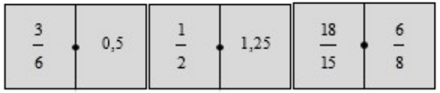 Três peças em fila: 3/6 | 0,5; 1/2 | 1,25; 18/15 | 6/8.