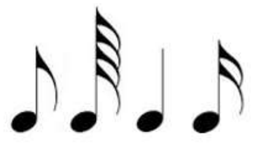 Quatro figuras de notas musicais lado a lado: uma nota com uma bandeirola, uma com quatro bandeirolas, uma sem bandeirola (haste simples) e uma com duas bandeirolas.