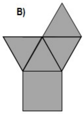 Figura plana: um quadrado com um triângulo sobre o lado superior; esse triângulo tem outros dois triângulos encostados em seus lados, e um quarto triângulo está encostado no lado superior direito de um deles.
