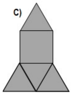 Figura plana: um quadrado com um triângulo sobre o lado superior e, sob o lado inferior, um triângulo invertido ladeado por dois triângulos.