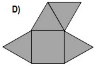 Figura plana: um quadrado com triângulos nos lados esquerdo, direito e superior, e um quarto triângulo encostado em um lado do triângulo superior.