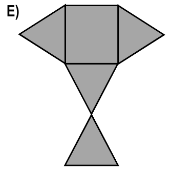 Figura plana: um quadrado com triângulos nos lados esquerdo, direito e inferior; um quarto triângulo toca o triângulo inferior apenas pelo vértice.