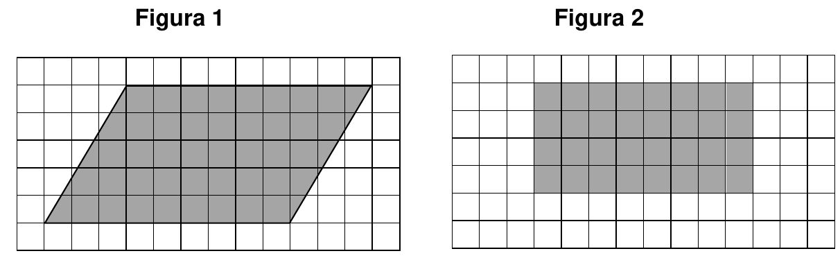 Duas malhas quadriculadas de mesmas dimensões. Figura 1: paralelogramo sombreado. Figura 2: retângulo sombreado.