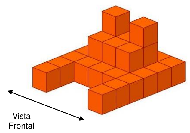 Pilha de cubos laranja em perspectiva, com uma seta dupla indicando a direção da Vista Frontal.