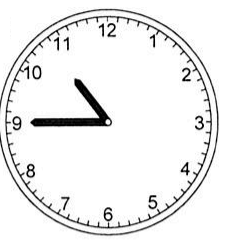 Relógio analógico com o ponteiro das horas entre o 10 e o 11, mais próximo do 10, e o ponteiro dos minutos apontando para o 9.