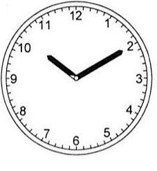 Relógio analógico com o ponteiro das horas apontando para perto do 10 e o ponteiro dos minutos apontando para o 2.
