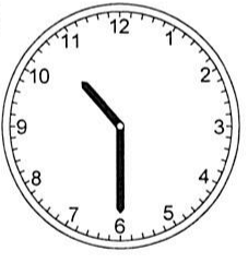 Relógio analógico com o ponteiro das horas entre o 10 e o 11 e o ponteiro dos minutos apontando para o 6.