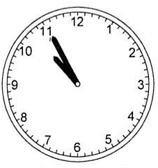 Relógio analógico com os dois ponteiros na direção do 11, o ponteiro dos minutos sobre o 11 e o das horas um pouco abaixo dele.