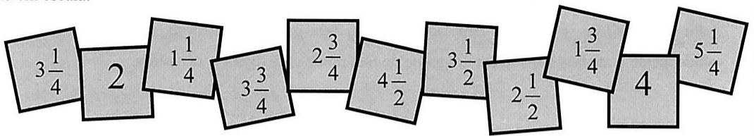 Onze cartões quadrados cinzentos, dispostos inclinados lado a lado, com os números: 3 inteiros e 1/4; 2; 1 inteiro e 1/4; 3 inteiros e 3/4; 2 inteiros e 3/4; 4 inteiros e 1/2; 3 inteiros e 1/2; 2 inteiros e 1/2; 1 inteiro e 3/4; 4; 5 inteiros e 1/4.