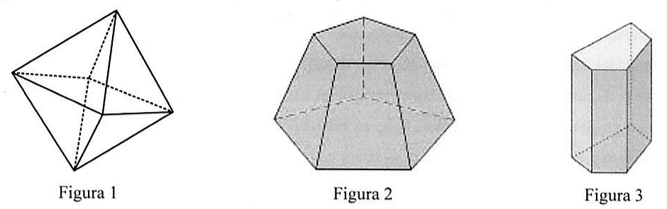 Três sólidos geométricos: Figura 1, um octaedro desenhado com arestas ocultas tracejadas; Figura 2, um tronco de pirâmide de base pentagonal; Figura 3, um prisma de base pentagonal.