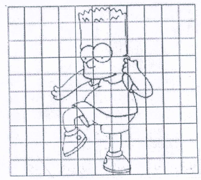 Desenho de um garoto (Bart Simpson) traçado sobre uma malha quadriculada.