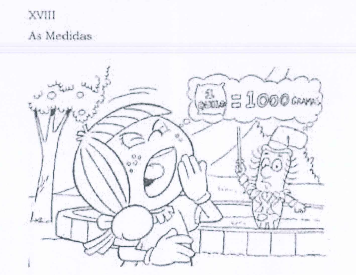 Abertura do capítulo “XVIII – As Medidas”: ilustração da Emília falando em voz alta e do Visconde de Sabugosa apontando para um quadro com a inscrição “1 quilo = 1000 gramas”.