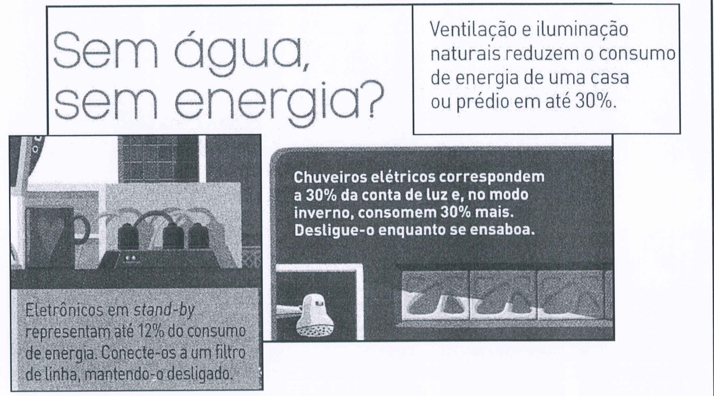 Infográfico “Sem água, sem energia?”. Quadros: “Ventilação e iluminação naturais reduzem o consumo de energia de uma casa ou prédio em até 30%.”; “Chuveiros elétricos correspondem a 30% da conta de luz e, no modo inverno, consomem 30% mais. Desligue-o enquanto se ensaboa.”; “Eletrônicos em stand-by representam até 12% do consumo de energia. Conecte-os a um filtro de linha, mantendo-o desligado.”