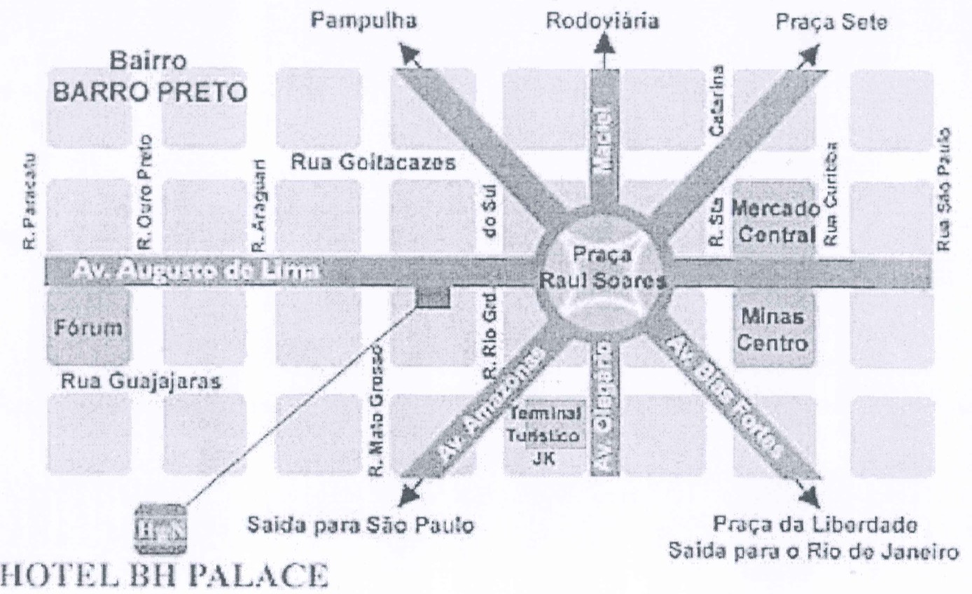 Mapa de parte do centro de Belo Horizonte: Av. Augusto de Lima na horizontal; ruas verticais Paracatu, Ouro Preto, Araguari, Mato Grosso, Rio Grande do Sul, Santa Catarina, Curitiba e São Paulo; ruas Goitacazes e Guajajaras; Praça Raul Soares circular no centro, de onde partem em diagonal as avenidas Amazonas e Bias Fortes e, na vertical, Olegário Maciel; indicações de Bairro Barro Preto, Fórum, Mercado Central, Minas Centro, Terminal Turístico JK, Hotel BH Palace e saídas para Pampulha, Rodoviária, Praça Sete, São Paulo e Rio de Janeiro.