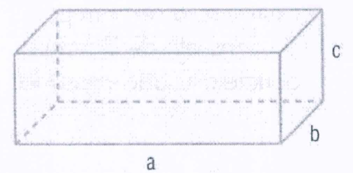 Desenho de uma caixa em forma de bloco retangular com as dimensões indicadas pelas letras a (comprimento), b (largura) e c (altura).