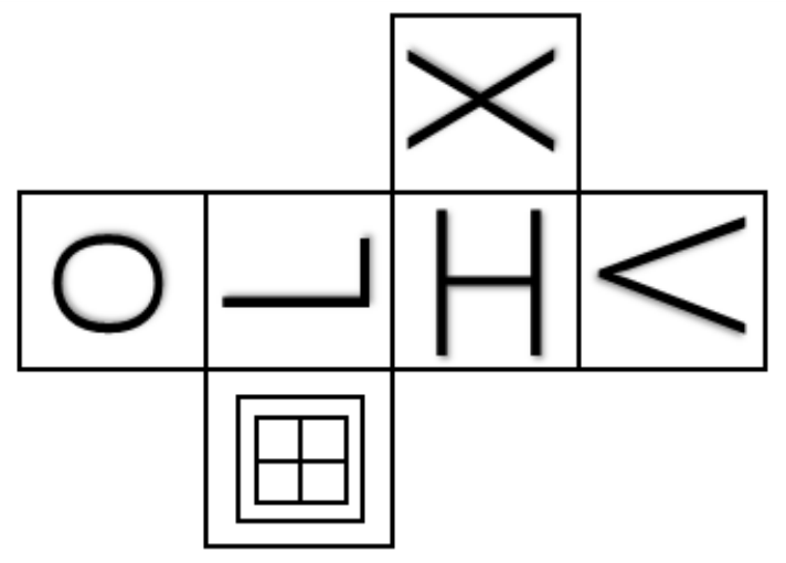 Planificação de um cubo em forma de cruz: fileira horizontal de quatro quadrados com, da esquerda para a direita, um círculo, um traço em forma de L (traço horizontal com traço vertical curto subindo à direita), a letra H e o sinal <; acima do quadrado com H, um quadrado com X; abaixo do quadrado com o traço em L, um quadrado com um pequeno quadrado dividido em quatro partes.