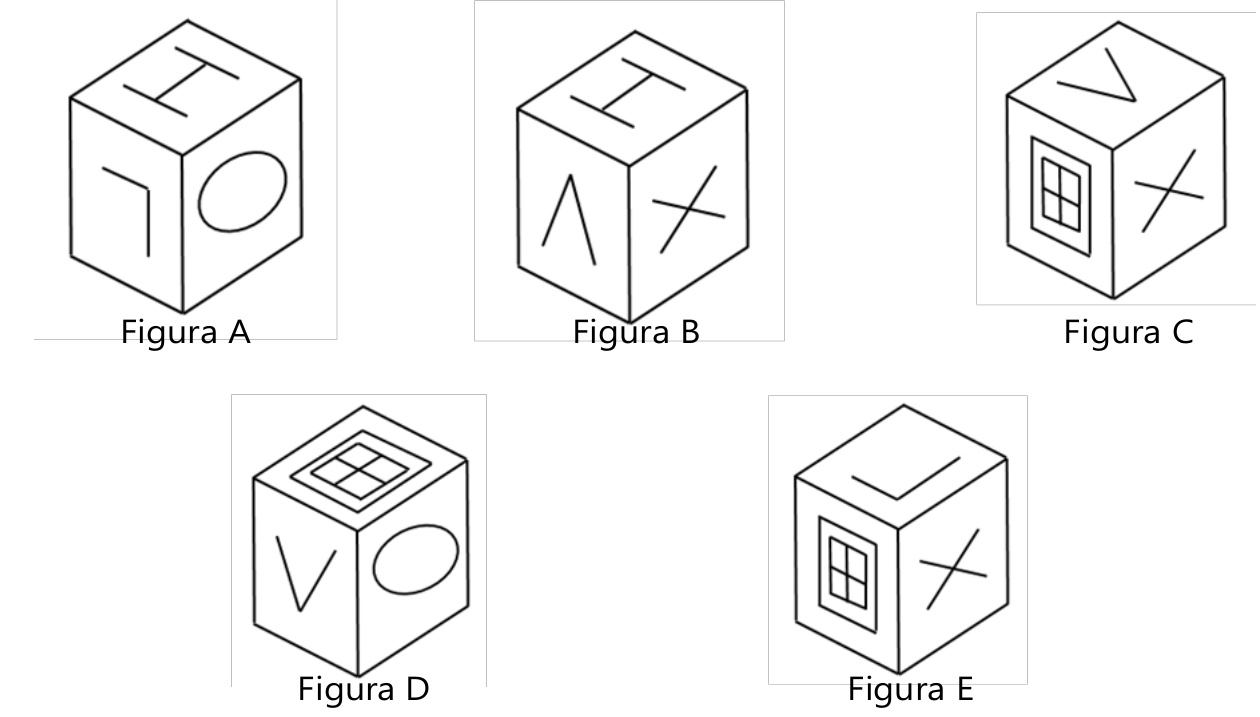 Cinco cubos em perspectiva, cada um com três faces visíveis. Figura A: H inclinado no topo, traço em L na face esquerda, círculo na face direita. Figura B: H inclinado no topo, sinal em forma de V invertido na face esquerda, X na face direita. Figura C: sinal em V no topo, quadrado dividido em quatro partes na face esquerda, X na face direita. Figura D: quadrado dividido em quatro partes no topo, V na face esquerda, círculo na face direita. Figura E: traço em L no topo, quadrado dividido em quatro partes na face esquerda, X na face direita.