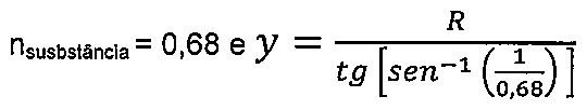 Alternativa A: nsusbstância = 0,68 e y = R dividido por tg[sen⁻¹(1/0,68)]