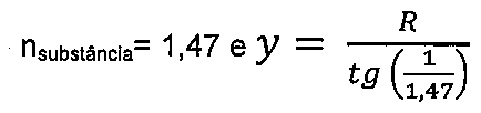 Alternativa B: nsubstância = 1,47 e y = R dividido por tg(1/1,47)