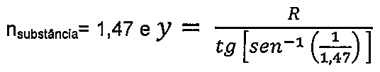 Alternativa E: nsubstância = 1,47 e y = R dividido por tg[sen⁻¹(1/1,47)]