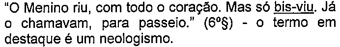 Alternativa B: “O Menino riu, com todo o coração. Mas só bis-viu. Já o chamavam, para passeio.” (6º§) - o termo em destaque é um neologismo. — termo sublinhado: “bis-viu”.