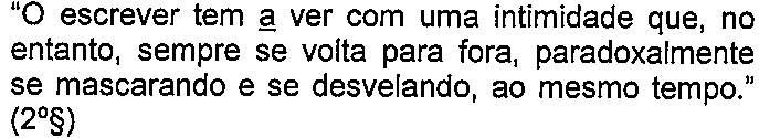 Alternativa B: “O escrever tem a ver com uma intimidade que, no entanto, sempre se volta para fora, paradoxalmente se mascarando e se desvelando, ao mesmo tempo.” (2º§) — termo sublinhado: “a” (em “tem a ver”).
