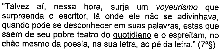 Trecho: “Talvez aí, nessa hora, surja um voyeurismo que surpreenda o escritor, lá onde ele não se adivinhava, quando pode se desconhecer em suas palavras, estas que saem de seu pobre teatro do quotidiano e o espreitam, no chão mesmo da poesia, na sua letra, ao pé da letra.” (7º§), com a palavra “quotidiano” sublinhada.