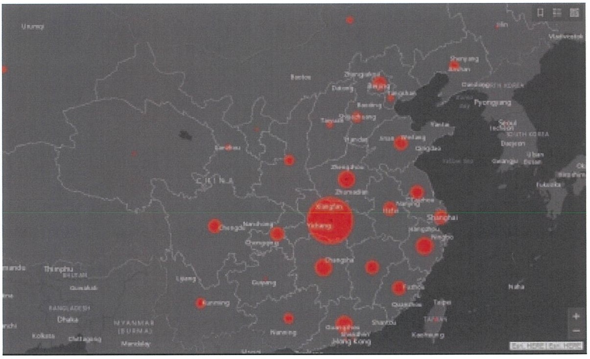 Figura 2: mapa escuro da China e países vizinhos com círculos vermelhos sobre cidades afetadas; o maior círculo está sobre a região de Wuhan, no centro-leste do país.