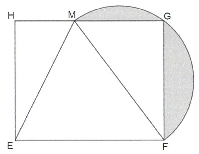 Figura 4: retângulo EFGH com M no lado HG; segmentos ME e MF formam o triângulo EMF; uma semicircunferência de diâmetro MF passa por G, e as duas regiões entre o arco e os segmentos MG e GF estão hachuradas em cinza.
