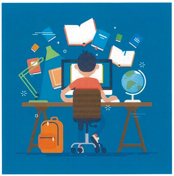 Texto II: ilustração em fundo azul de um estudante, de costas, sentado diante de um computador numa escrivaninha, com luminária, globo terrestre, mochila e livros flutuando ao redor.
