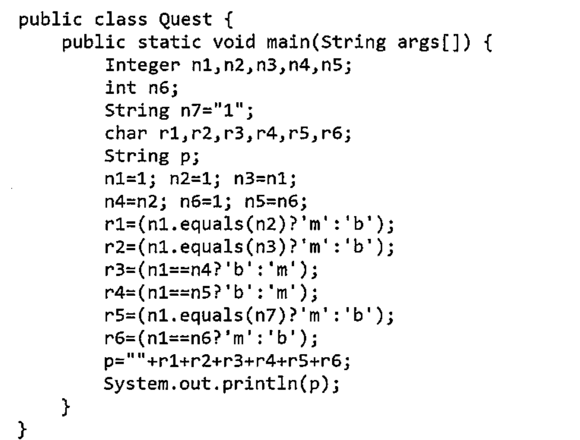 Código Java da classe Quest que compara variáveis Integer, int e String com == e equals e imprime a concatenação r1 a r6.