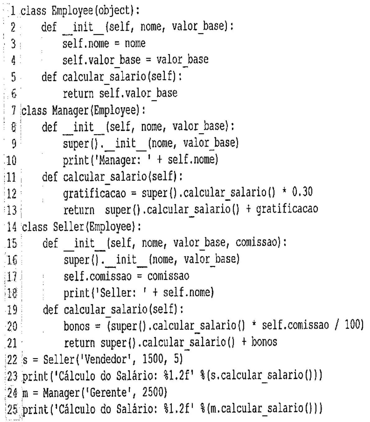 Código Python 3 com 25 linhas numeradas definindo as classes Employee, Manager e Seller e chamando calcular_salario.