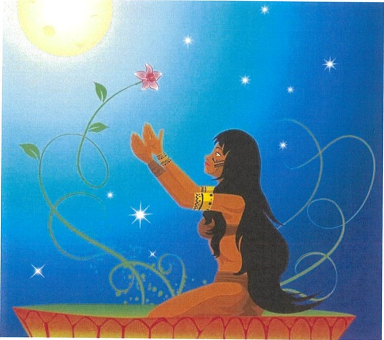Ilustração de uma jovem indígena de cabelos longos, sentada sobre uma grande folha de vitória-régia, com os braços erguidos para o céu noturno estrelado e a Lua cheia; ao lado, uma planta com uma flor rosa.